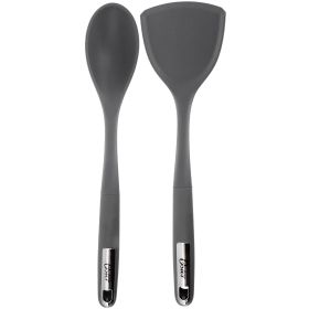 Oster Ridgecrest 2 Piece Silicone Kitchen Tool Serving Spoon and Turner Set in Gray