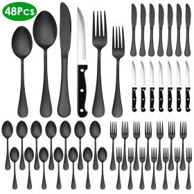 48-Piece Silverware Set Stainless Steel Flatware Cutlery Set Tableware Eating Utensils for 8 with Knife Fork Spoon Dishwasher Safe for Home Kitchen Re (Option: 48PcTablewareBlack)