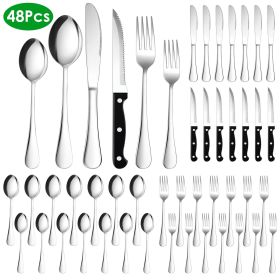 48-Piece Silverware Set Stainless Steel Flatware Cutlery Set Tableware Eating Utensils for 8 with Knife Fork Spoon Dishwasher Safe for Home Kitchen Re (Option: 48PcTablewareSilver)