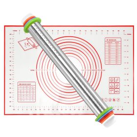 Dough Rolling Pin Dough Roller Stainless Steel Rolling Pins with 4 Removable Adjustable Thickness Rings and Rolling Mat for Baking Pizza Fondant Pie C (Option: RollingPinMatRed)