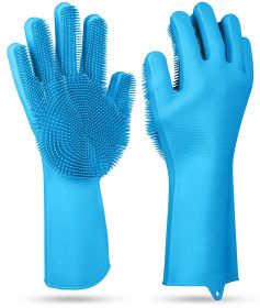 1 Pair Magic Silicone Brush Dishwashing Gloves Cleaning Sponge Pet Scrubber Heat Resistant Wash Gloves (Option: DishWashGloveBlue)