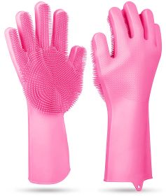 1 Pair Magic Silicone Brush Dishwashing Gloves Cleaning Sponge Pet Scrubber Heat Resistant Wash Gloves (Option: Pink)